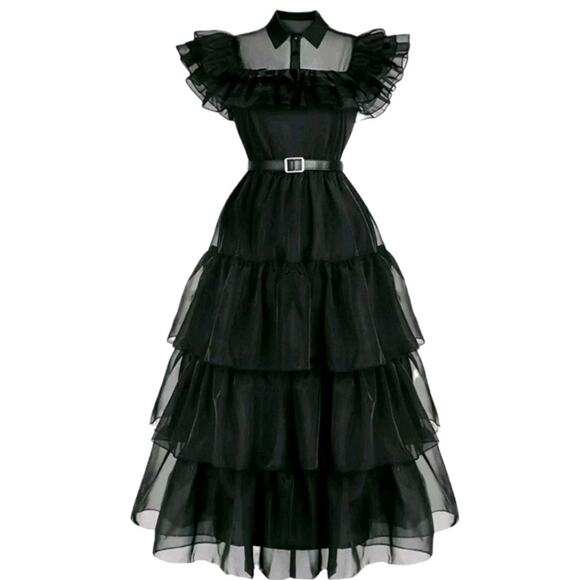Black Halloween Organza Ruffled Lapel Dress size 140 8-10 Years Wednesday Addams - Picture 1 of 2